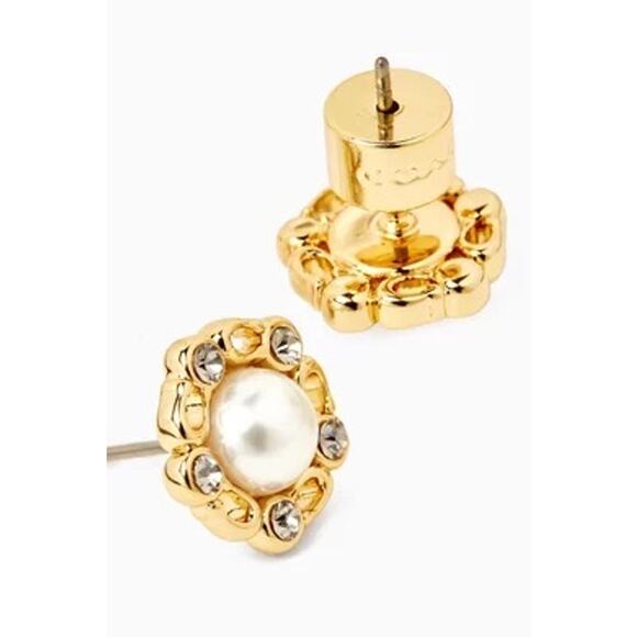 Coach Gold Tone Faux Pearl Rhinestone Stud Earrings Classic Floral Halo - Picture 2 of 4